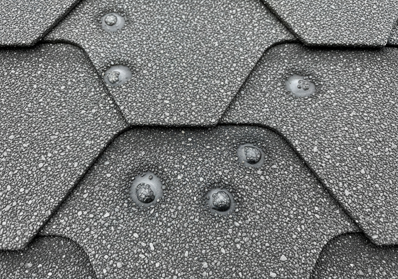 Macro close-up of a dark architectural asphalt shingle with subtle round hail-impact dimples and granule displacement
