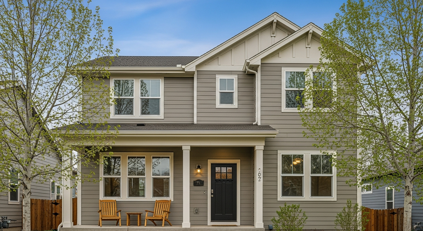 Colorado craftsman two-story home with a freshly painted warm greige exterior, soft white trim, and a deep matte black front door