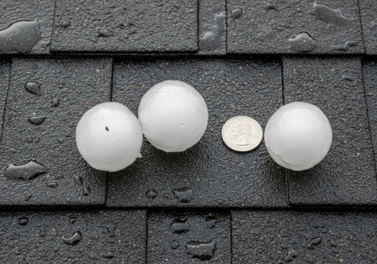 Hailstones on a Colorado asphalt shingle roof with a quarter for size reference