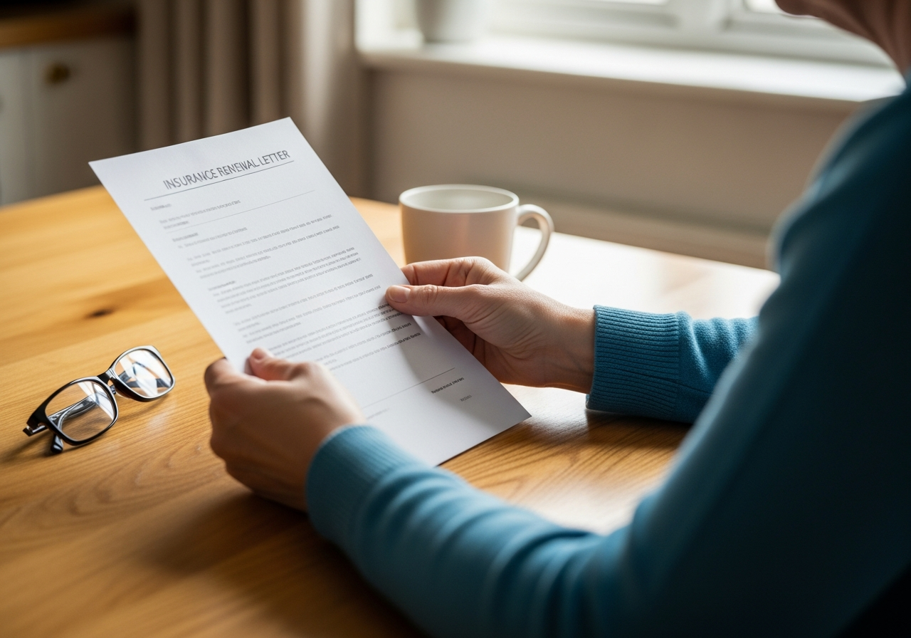 Colorado homeowner reviewing a homeowners insurance renewal letter at a kitchen table with reading glasses and a coffee mug nearby
