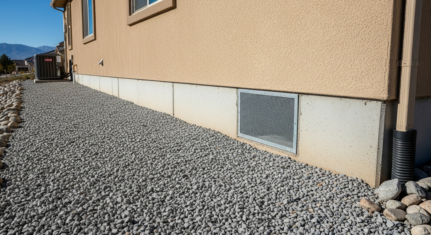 Ground-level view of a noncombustible zone-zero defensible-space buffer using gray gravel mulch in a five-foot strip against a stucco home foundation with a screened metal foundation vent
