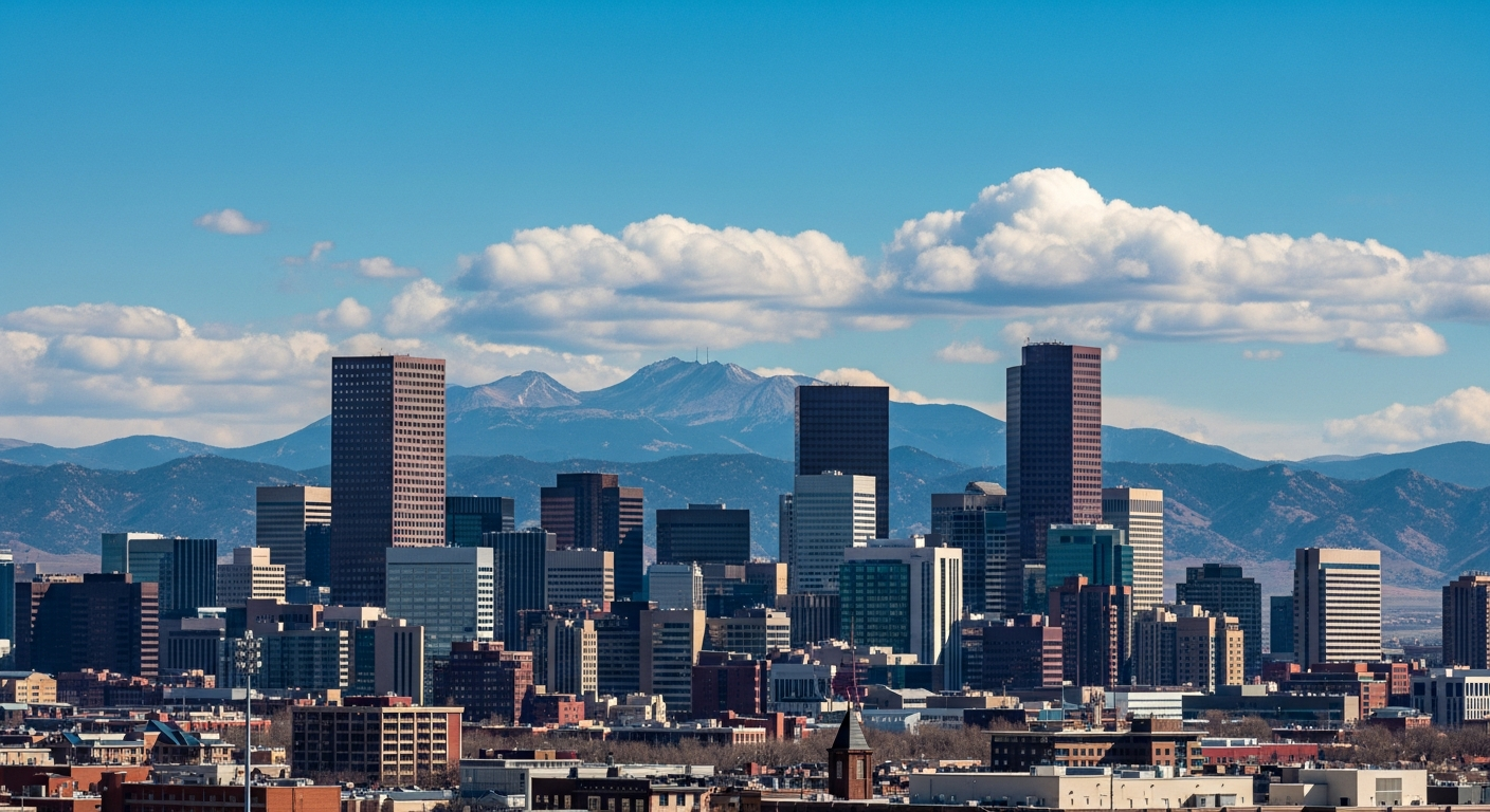 Denver, Colorado skyline with the Rocky Mountain Front Range foothills rising directly behind the city, looking west on a clear day