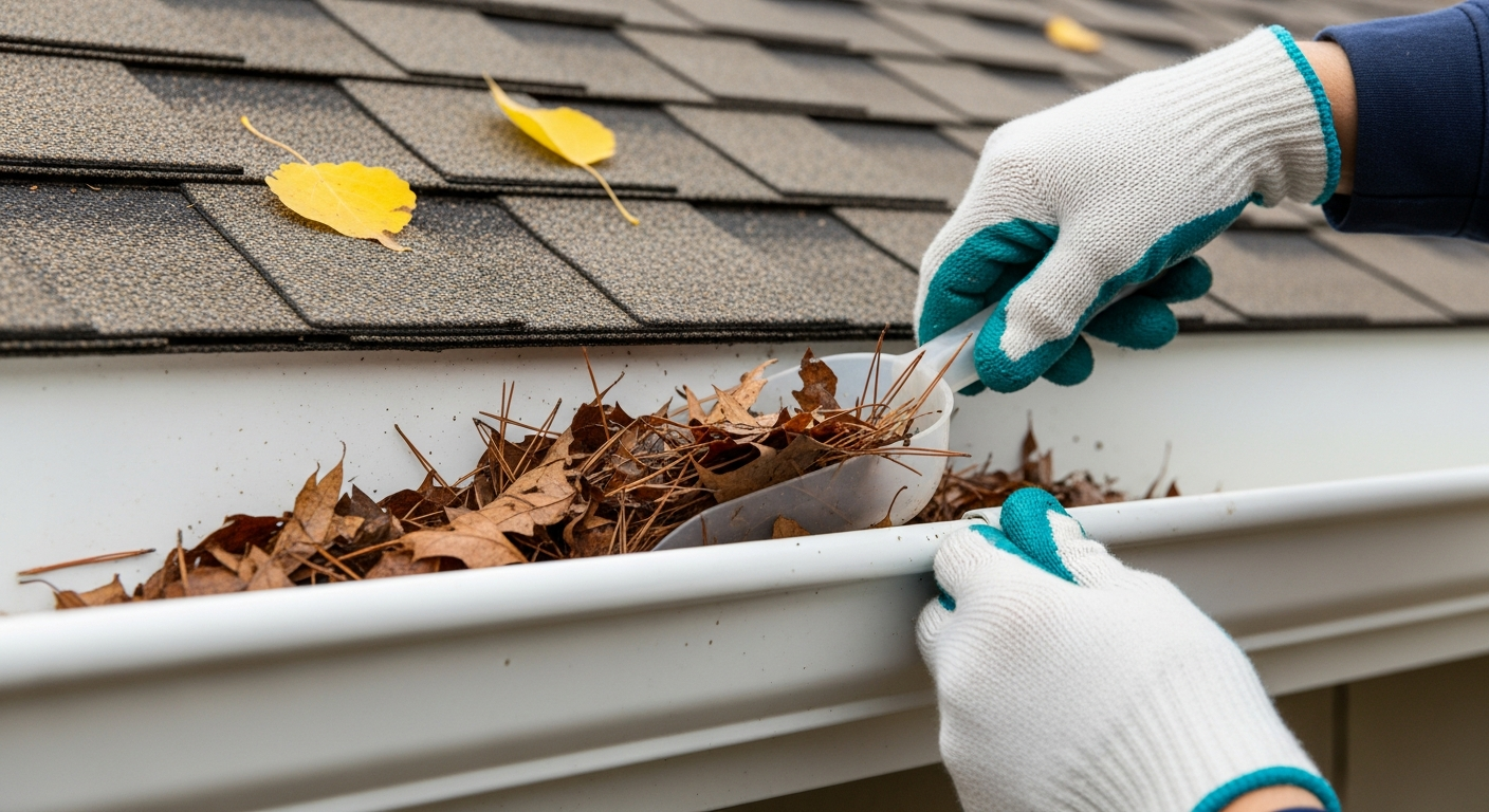 Gloved hands using a plastic gutter scoop to clear damp autumn leaves and pine needles out of a white aluminum K-style residential gutter at the edge of an asphalt shingle roof