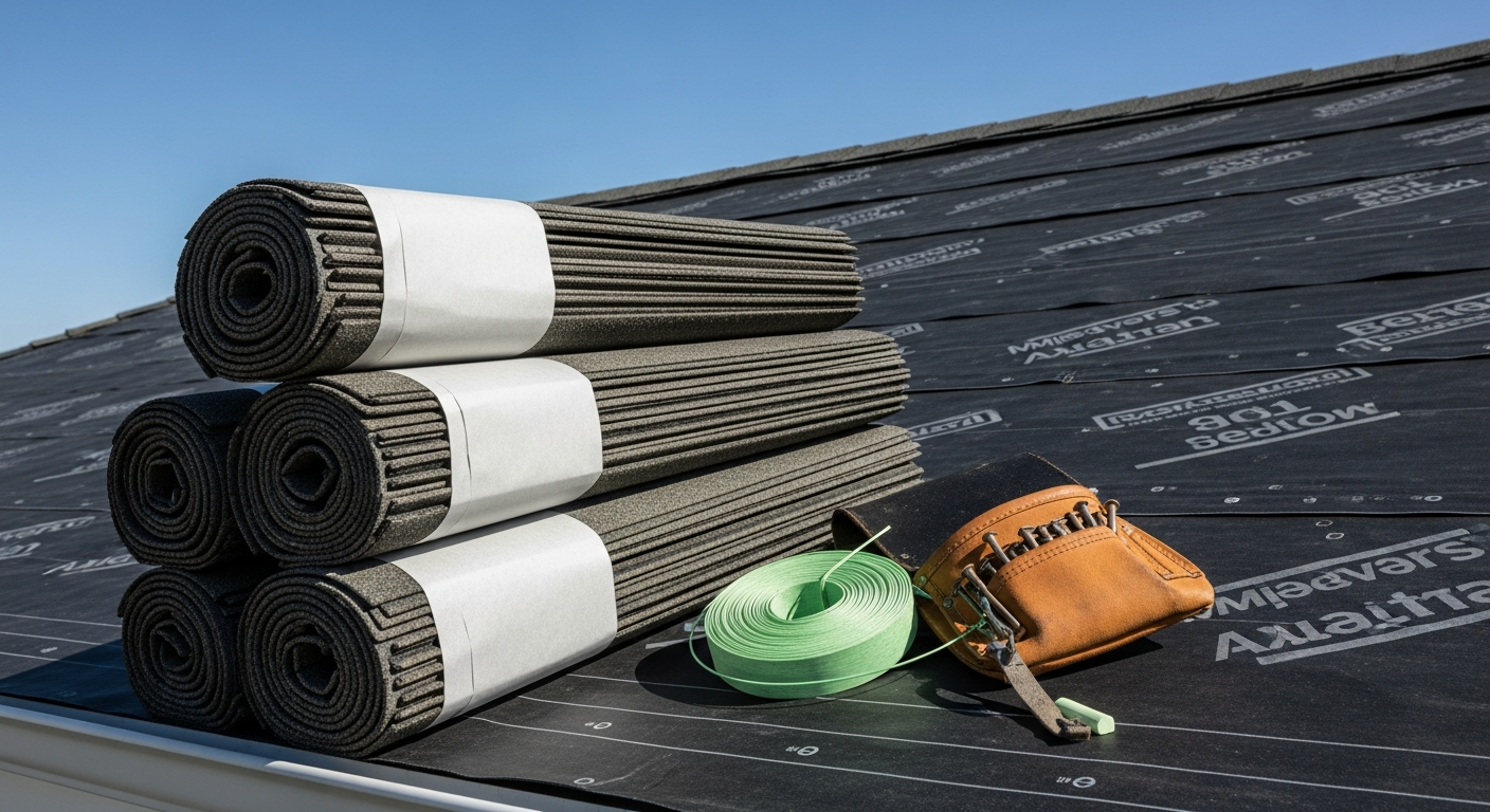 Three bundles of new architectural asphalt roofing shingles stacked on a freshly underlayed roof deck with a leather tool pouch and chalk line beside them