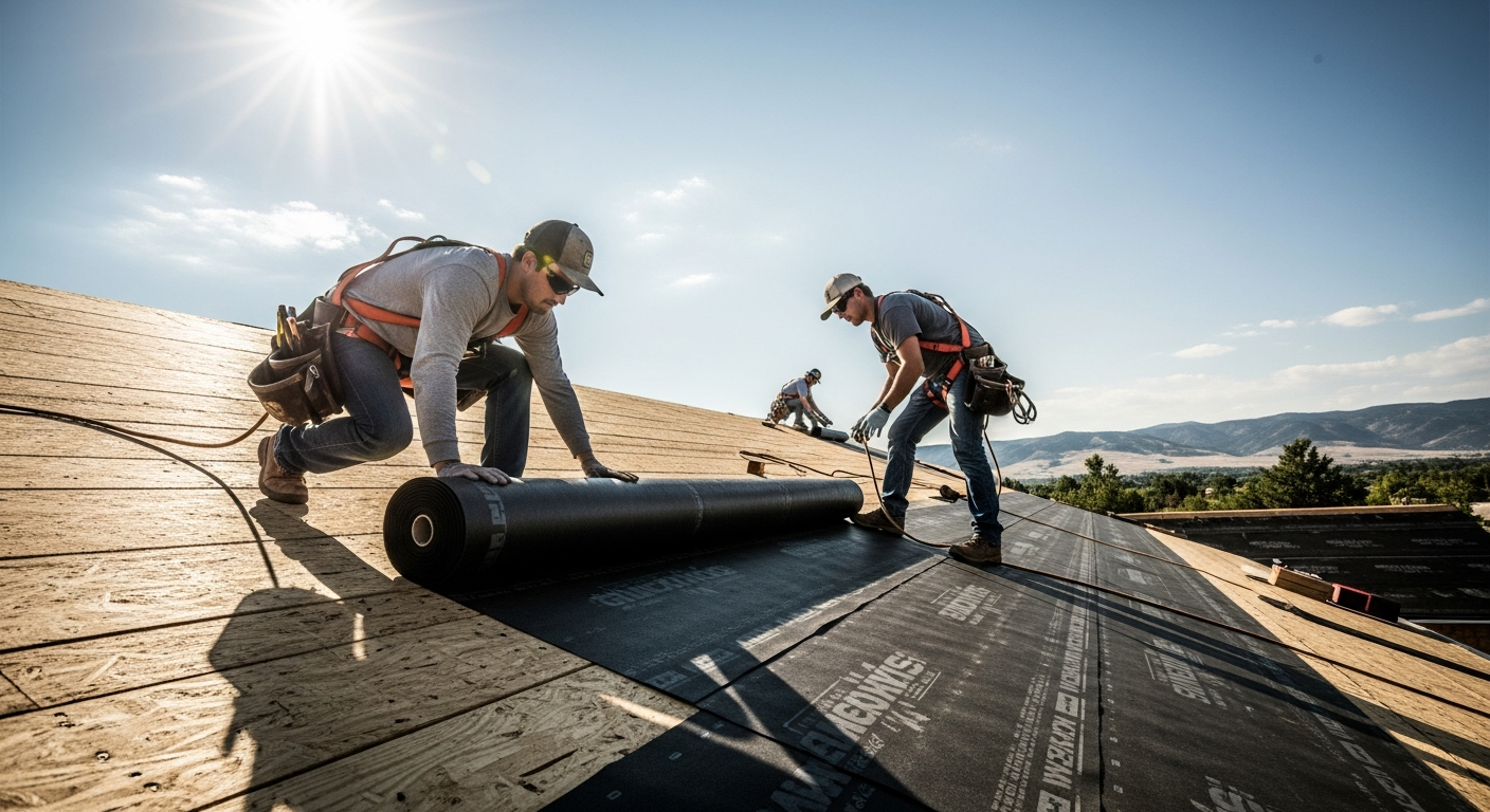 Two roofers in safety harnesses installing black synthetic underlayment along the eave of a freshly decked Colorado residential roof in bright Front Range sunlight