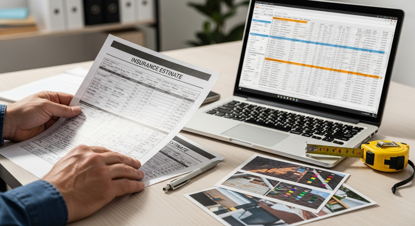Contractor reviewing a printed Xactimate-style insurance estimate alongside a laptop and color-coded photos of a hail-damaged Colorado roof